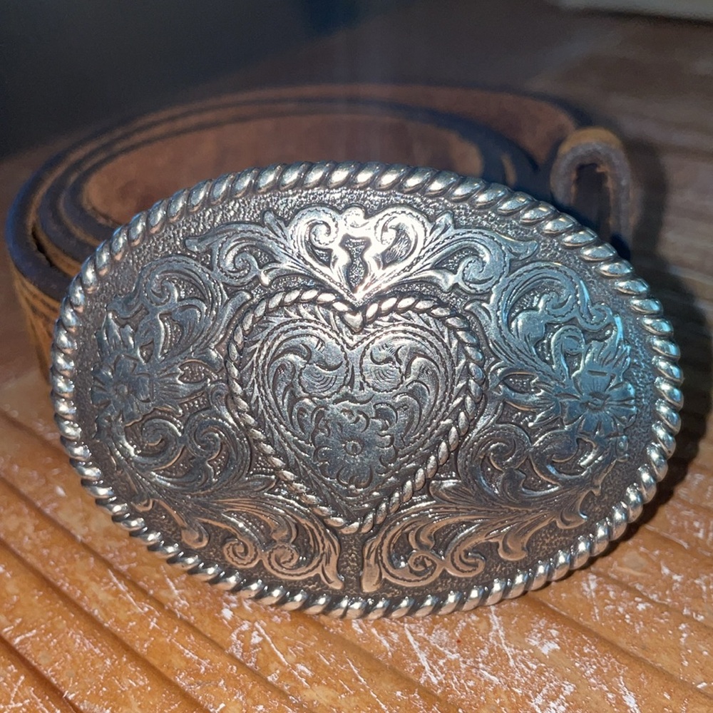 Justin Boots Tooled Heart Silver Buckle with Brown Leather Belt